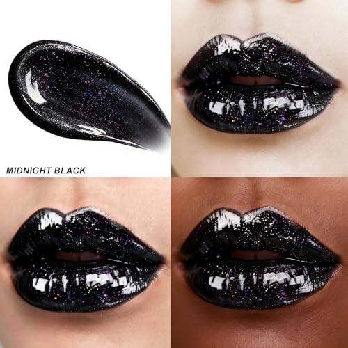 Hydrating Glitter Lip Gloss - Black, Long Lasting Shine & Plumping Effect
