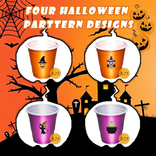 Halloween Plastic Shot Glasses Set - 100 Disposable Mini Cups with Pumpkin & Cat Designs