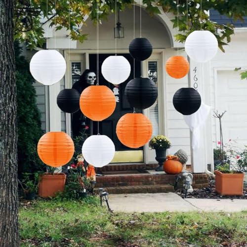 Halloween Paper Lanterns Set - Black, Orange, White 12pcs Decorative Hanging Decorations