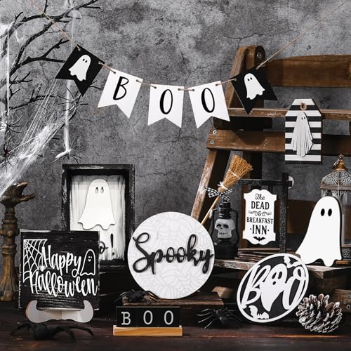 Halloween Ghost Tiered Tray Decorations Set - 19 Wooden Spooky Boo Figures