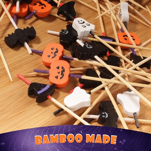 Halloween Assorted Bamboo Picks - 4.7 Inch, 100 Pieces, Pumpkin, Witch Hat, Bat & Ghost - Holiday Party Decor