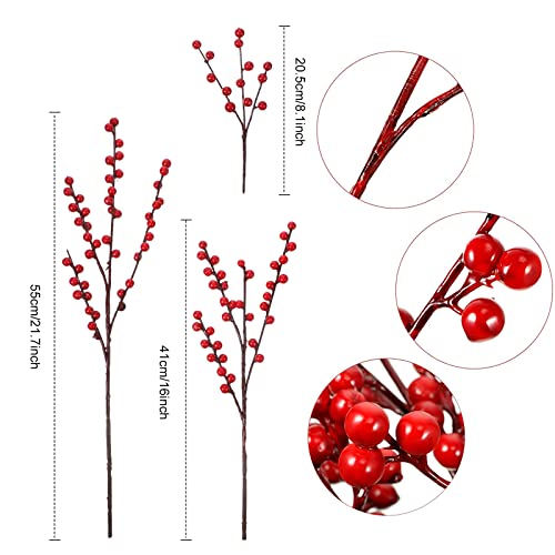 Artificial Christmas Holly Berry Stems - 20 Pcs, 3 Sizes for Holiday Decor
