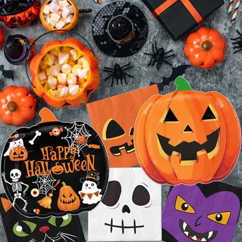 Halloween Party Supplies Kit with Pumpkin Plates Cups Napkins Banner & Tablecloth - Serves 24