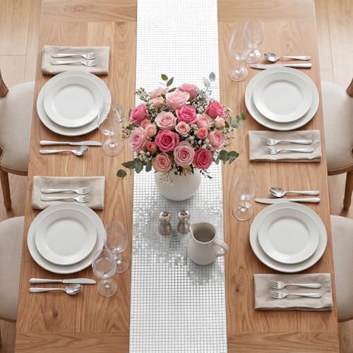 Silver Glitter Disco Sequin Table Runner 12x72 Inch for Retro Party Decor