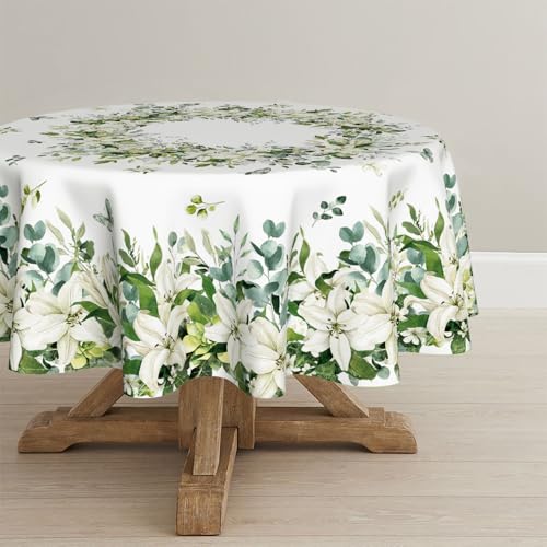 Round Eucalyptus Tablecloth 60x60 Inch - White, Durable Polyester