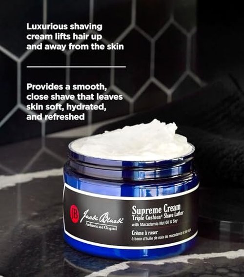 Jack Black - Supreme Cream Triple Cushion Shave Lather - PureScience Formula, Macadamia Nut Oil and Soy, Luxurious Shaving Cream, Hydrates Skin, Reduced Razor Burn- 9.5 oz.