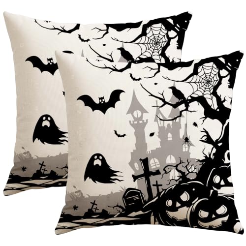 Artscope Halloween Haunted House & Ghost Throw Pillow Cover Set - Bat 16x16 Inches
