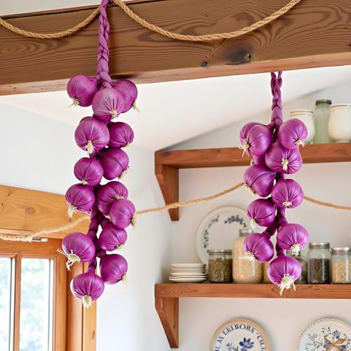 Artificial Garlic String - Purple 2 Pack Farmhouse Kitchen Decor & Photo Props