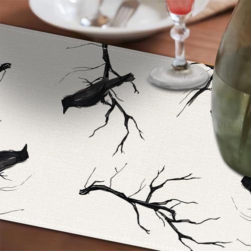 Halloween Black Linen Table Runner 13x72 Inch for Dining & Kitchen Decor - Crow & Branch Pattern