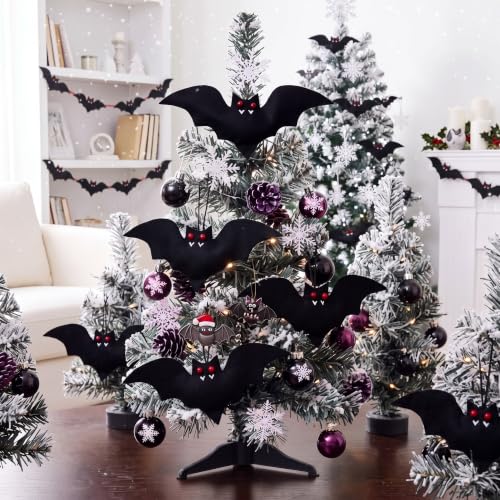 Bat Christmas Tree Ornaments - Set of 12 Black Plush Holiday Decorations