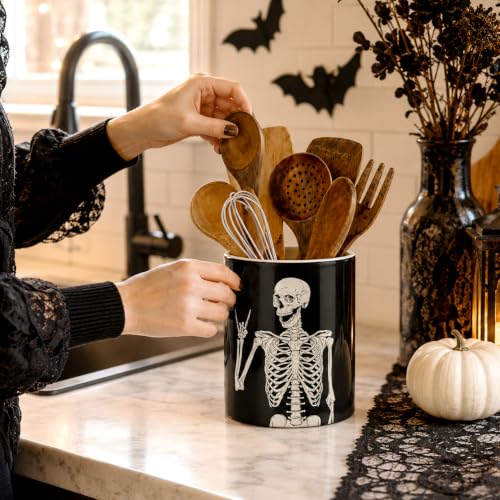 Skull Ceramic Kitchen Utensil Holder - Edgy Skull Design for Countertop, Rustic Farmhouse Decor