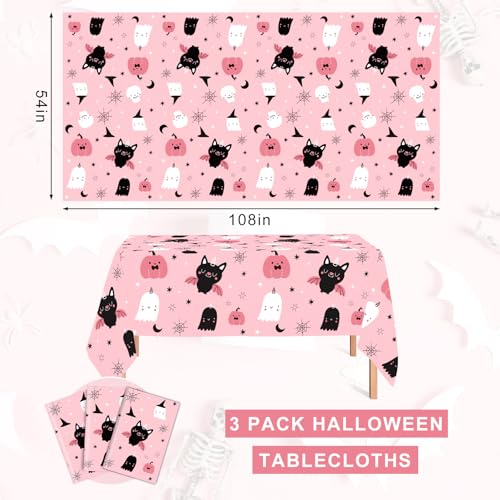 Pink Halloween Plastic Tablecloth 54x108 Inch - 3 Pack, Ghost Pumpkin Bat Design, Disposable Party Decor