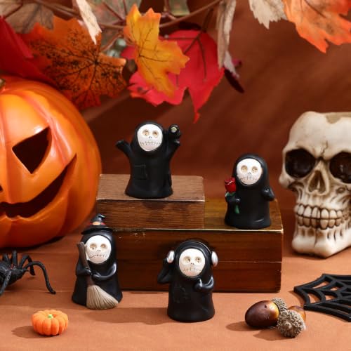 Halloween Ghost Skull Face Resin Figurines Set for Party Decor - 4 Pieces
