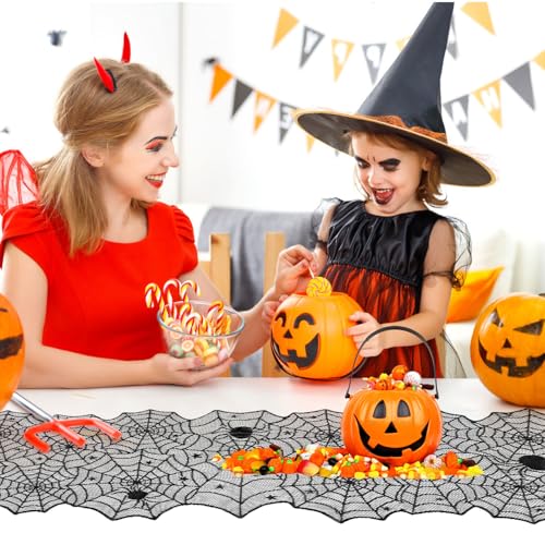 Halloween Lace Spider Web Table Runner 73 x 18 Inches for Party Decor - Black