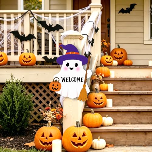 Halloween Ghost Door Wreath Hanger Sign with Welcome - White Ghost Variation