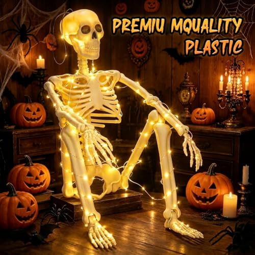 2 Pack 36-Inch Light Up Halloween Skeletons Full Body Posable Decor - Waterproof & Movable Joints