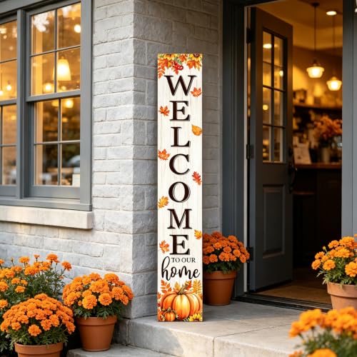 Fall Welcome To Our Home Porch Sign 47 Inches with Pumpkins & Maple Leaves - White Variation