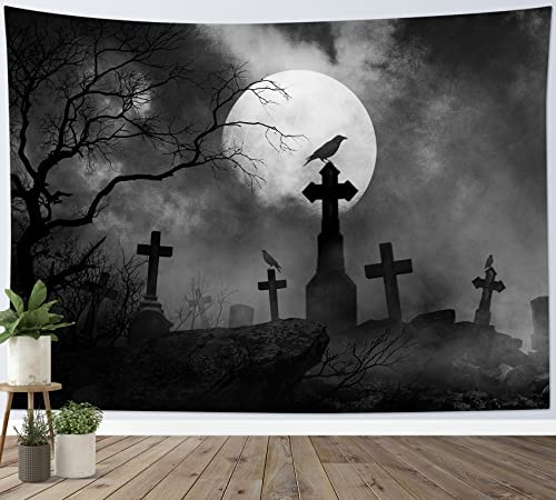 Halloween Tapestry Full Moon Black Crow Tombstone Dead Tree Wall Decor - 40x60 Inches - Black Variation