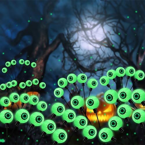 Solar Halloween Eyeball Lights - Waterproof Outdoor 12 LED Swirling Green Pathway Decor - 2 Pack