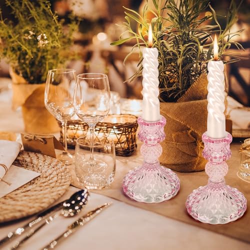 Pink Glass Candle Holder Set - 2PCS Decorative Pillar Candle Stands for Weddings & Events