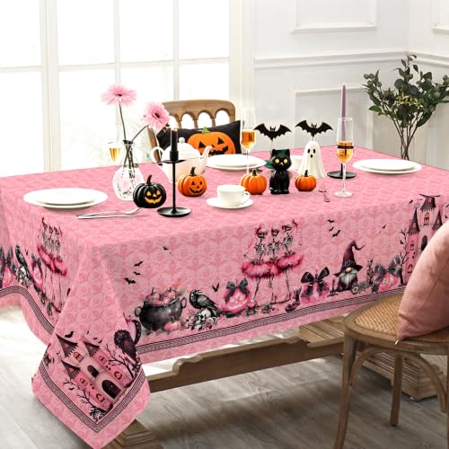 Elegant Pink Halloween Tablecloth 60x120 Inch Rectangular Spooky Pumpkin Ghost Web Party Decor