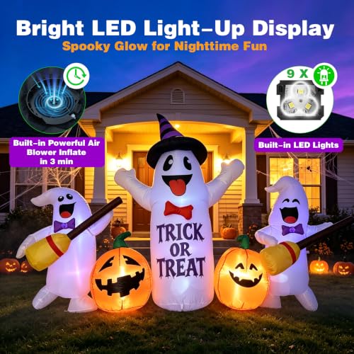 8FT Halloween Inflatable Ghosts with Broom & Pumpkins LED Yard Decor - Black & White