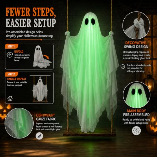 Green Lighted Hanging Ghost Decor with Remote Control - 5FT Outdoor Halloween Spirit