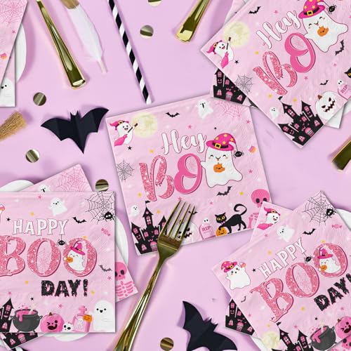Pink Halloween Ghost Party Napkins 48pcs - Boo Day Birthday Decorations