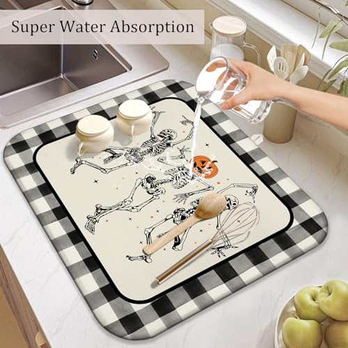 Halloween Skeleton Dish Drying Mat for Kitchen Counter, 16x18 Inches, Black & White Buffalo Plaid