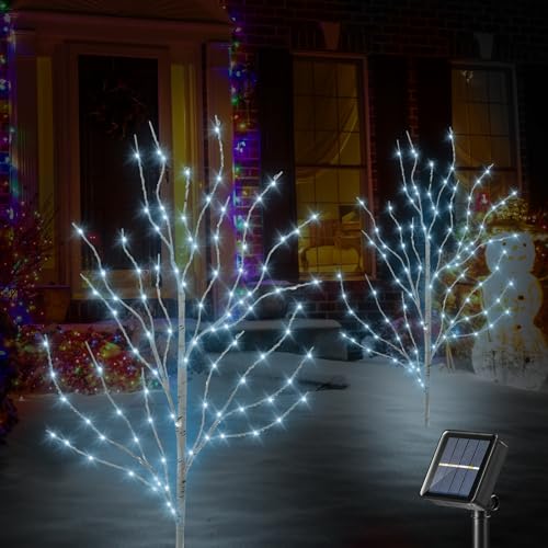 BeHiller 3FT Outdoor Birch Tree Lights - Cool White 140LED Solar Fairy Lights