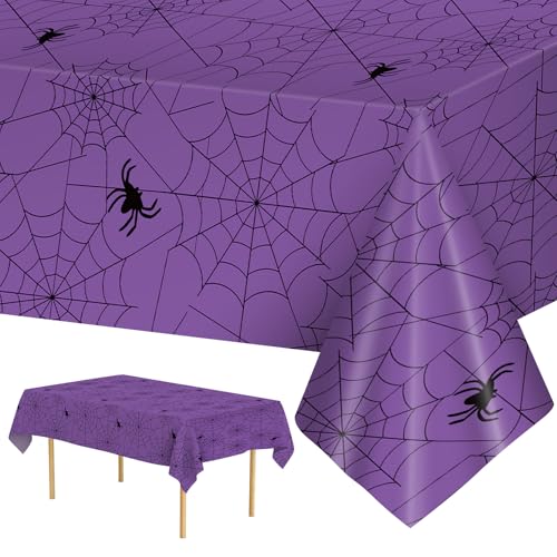 Purple Halloween Spider Web Tablecloths - 2 Pcs Disposable Rectangular Cover, 108 x 54 Inches