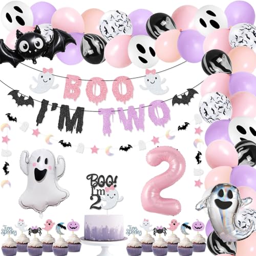 Halloween 2nd Birthday Party Banner & Cake Topper Set Ghost Bat Balloons Pink Purple
