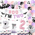 Halloween 2nd Birthday Party Banner & Cake Topper Set Ghost Bat Balloons Pink Purple
