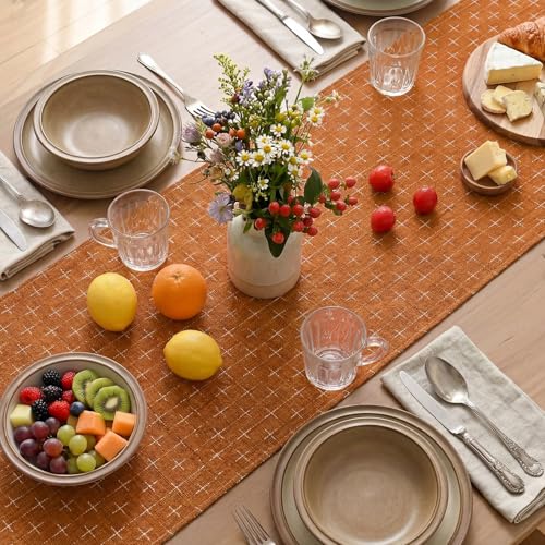 Caramel Cross-Star Textured Table Runner 13x72 Inch Waterproof Rustic Decor