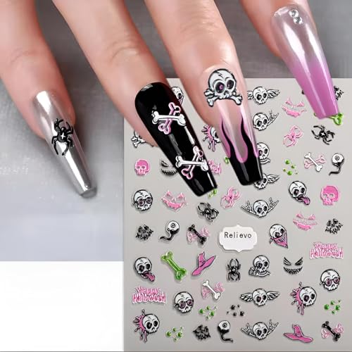 Halloween 5D Nail Art Stickers Set - Pink Embossed Self-Adhesive Decals with Skull Ghost Pumpkin for DIY Manicure 5D Halloween Variation