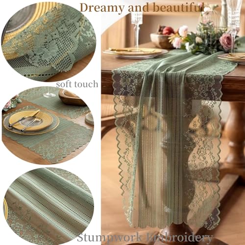 Sage Green Lace Table Runner - Rustic Boho Wedding Vintage 18 x 106 with Variation: Green