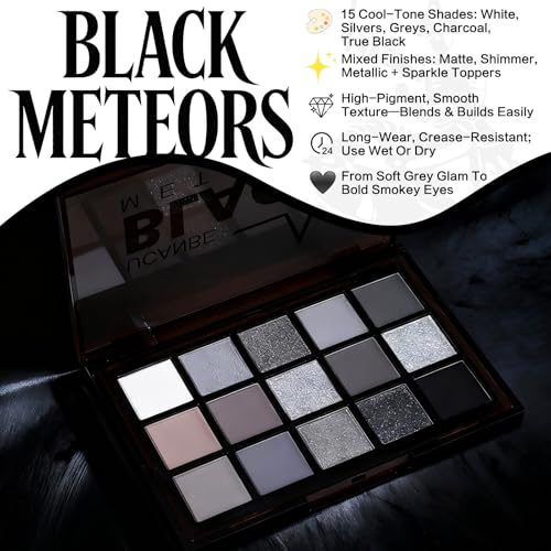 UCANBE Smokey Black Eyeshadow Palette - Black Meteors, 15 Cool Tones, Matte & Metallic
