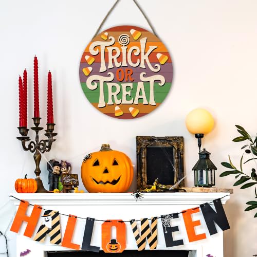 Halloween Hanging Sign Decorations - Trick Or Treat Candy Wreath - Wooden Door Hanger, Indoor Home Decor, Party Supplies - Candy Variation