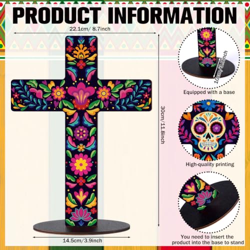 Pinkunn 2-Piece Mexican Cross Wood Table Decor - Floral Skeleton Variation