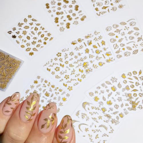 Gold Nail Art Stickers Decals Set - Style-13, 30 Sheets Self-Adhesive Flower & Leaf Designs for Nails