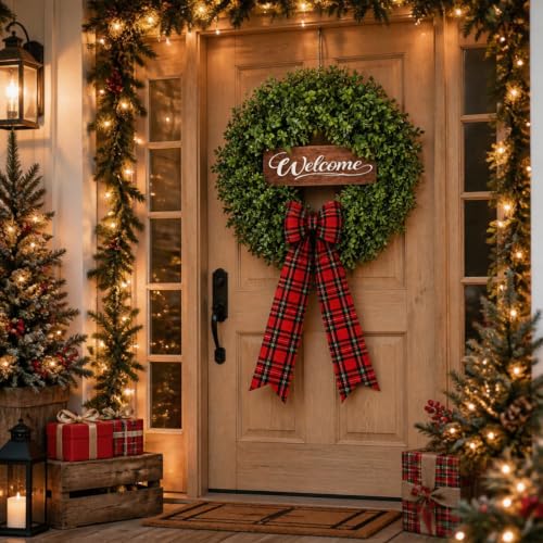 24-Inch Artificial Boxwood Wreath with Ribbons & Welcome Sign for Front Door