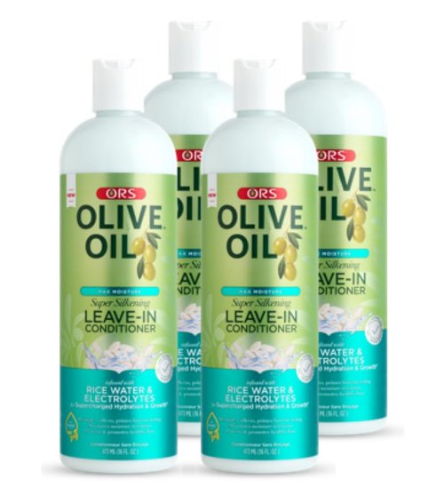 ORS Olive Oil Max Moisture Leave-In Conditioner with Rice Water and Electrolytes for Supercharged Hair Hydration 16.0 Ounces (Pack of 4)