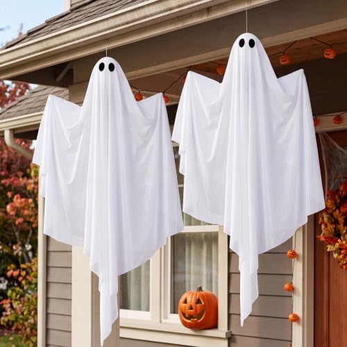 Halloween Light-Up Flying Ghost Decorations - 2 Pcs, 47 Inch, Cold White, Outdoor Indoor Haunted House Prop