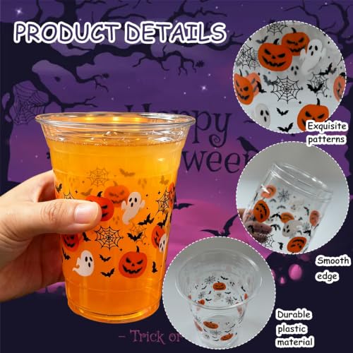 16 oz Halloween Plastic Cups with Pumpkin Ghost Bat Spider Web Design - Disposable Party Drinkware