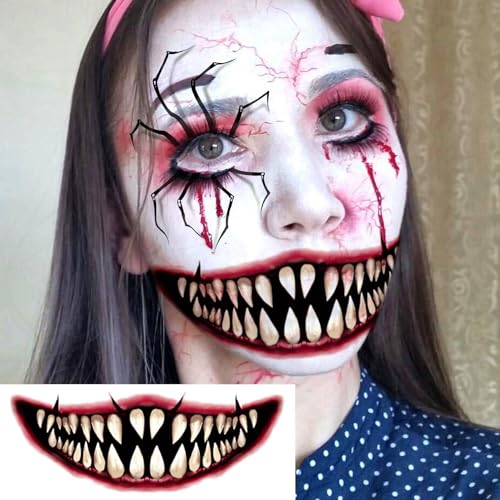 Halloween Spider Web & Red Mouth Temporary Tattoos Set - 7 Sheets, Realistic Zombie & Clown Designs, Variation: RedMouth