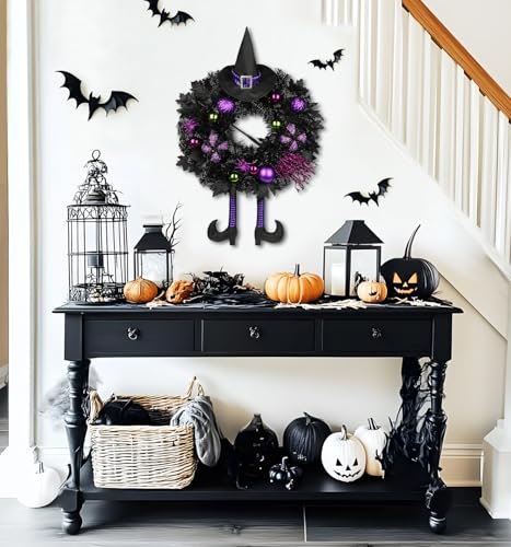 Halloween Wreath for Front Door 26 Inch - Black & Purple Witch Decor with Hat, Legs & Pumpkin