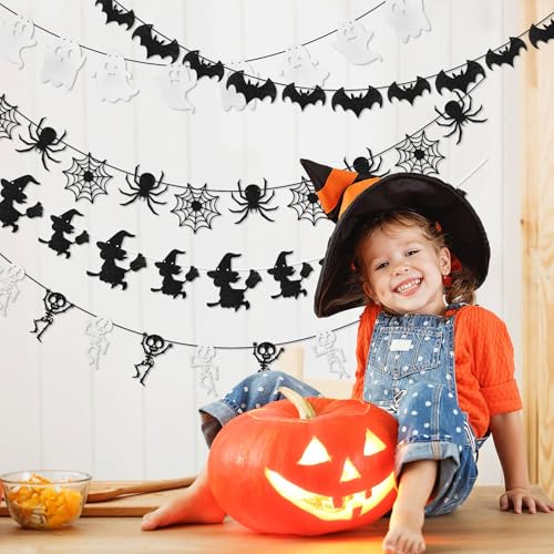 Halloween Bat Spider Ghost Skeleton Witches Glitter Banner Garland Set - 5 Pcs