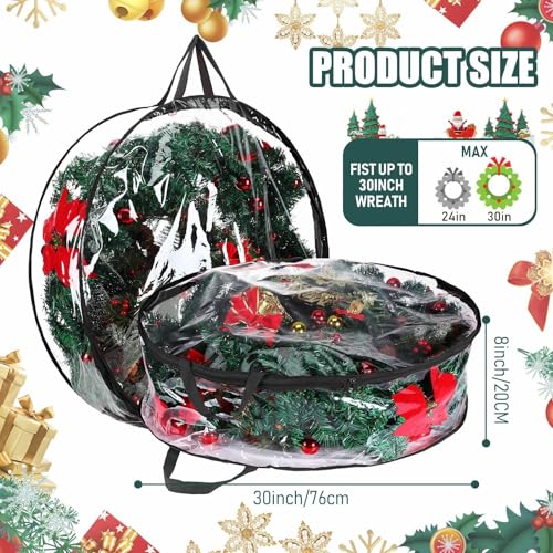 Wreath Storage Bags 30 Inch Durable Plastic with Dual Zippers & Handles - Clear & Black, Set of 14
