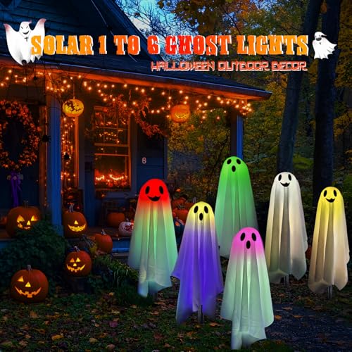RGB Halloween Ghost Pathway Lights with Stakes - 6PCS Solar Waterproof Outdoor Decor