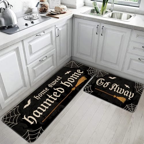 Halloween Haunted Kitchen Rugs Set of 2 - Black Non-Slip Washable Home Decor